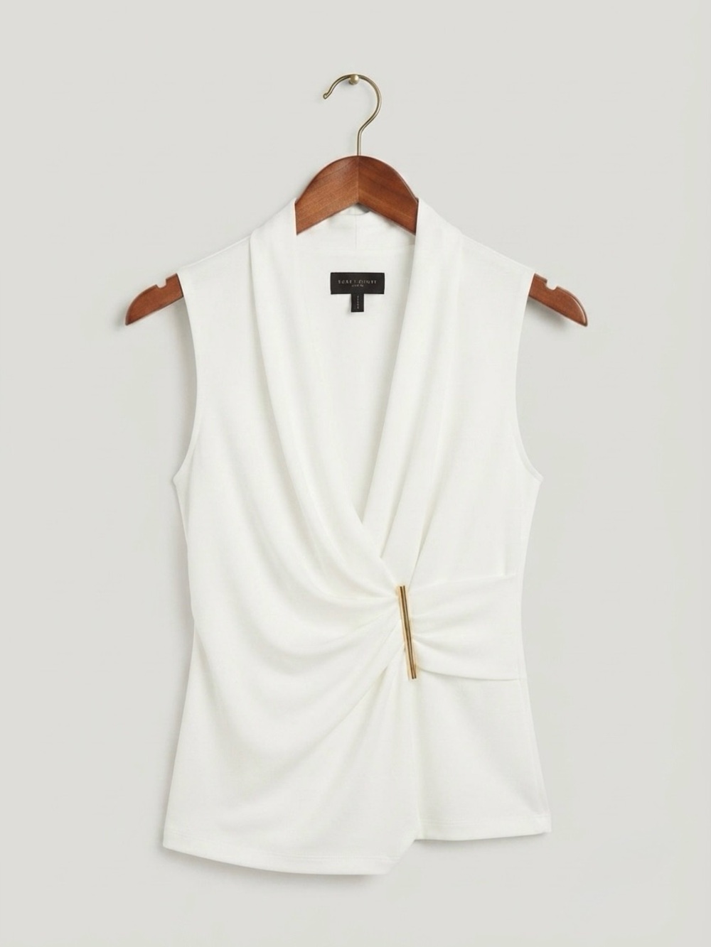 Donna Karan Ivory Draped Sleeveless Top with Gold Accent